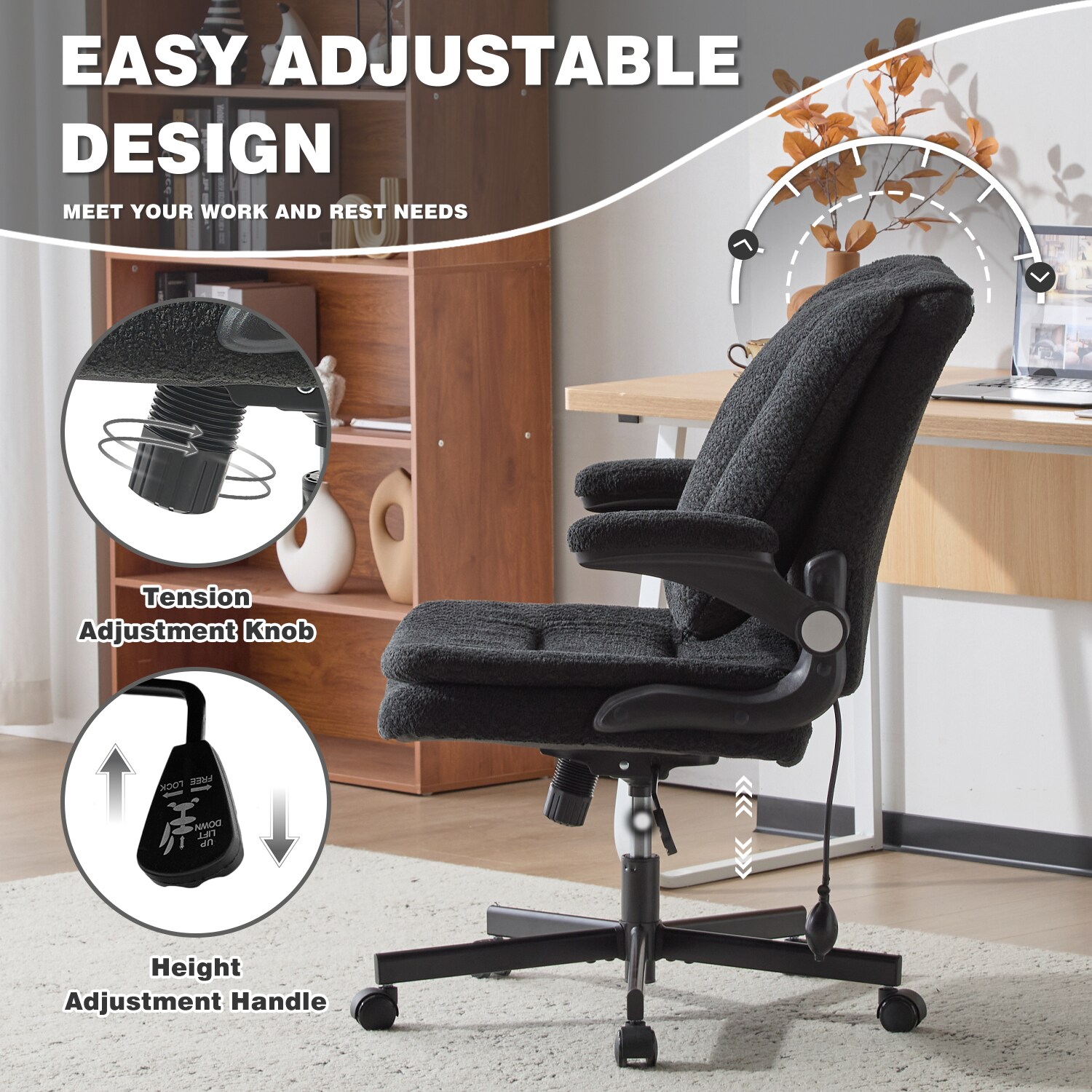 Ergonomic Office Chair With 2-in-1 Flip-Up Back, 25" Wide Seat, Airbag Lumbar Support, Flip-Up Armrests, Height Adjustable Towel Fabric Desk Chair_maomaolike.com